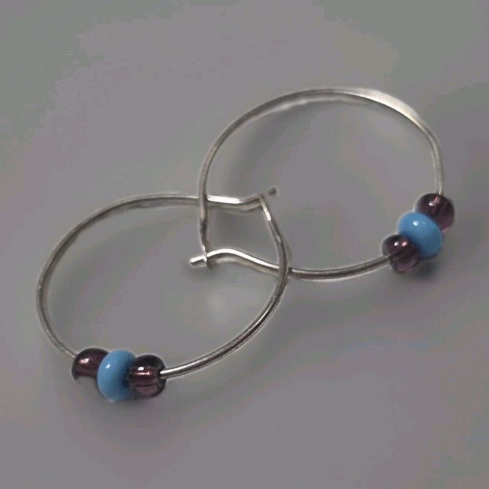 Silver Tone Beaded Hoop Earrings Blue Purple Glass Beads Latch Back 1"